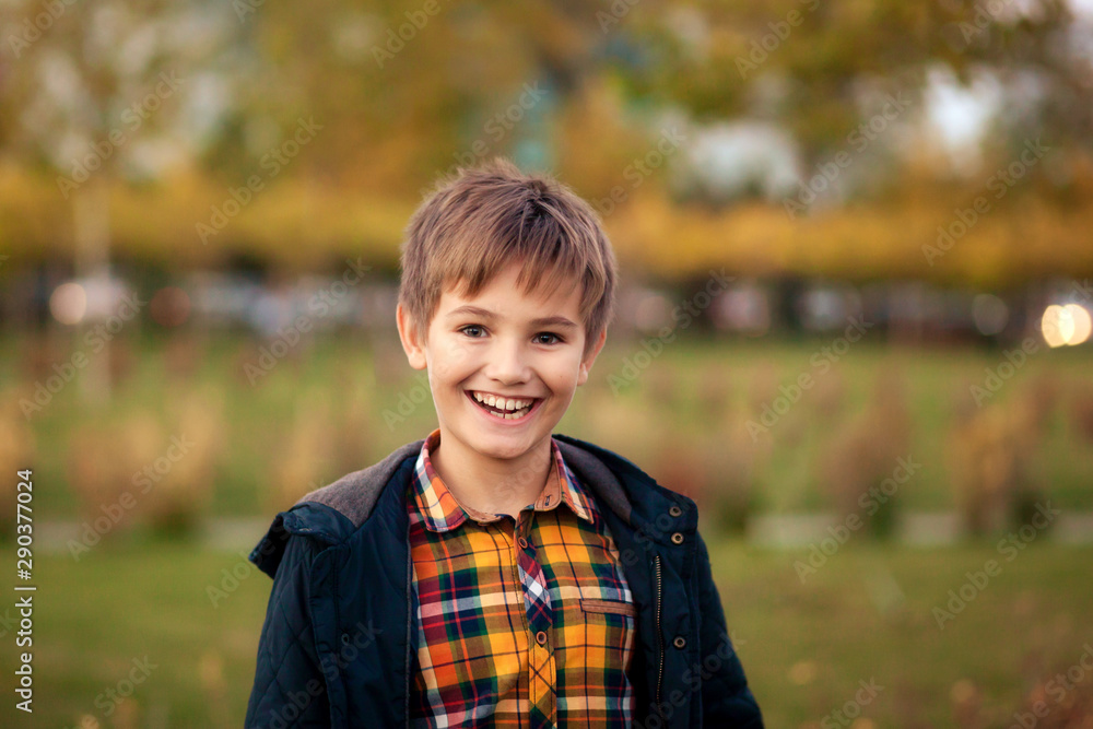 lovely happy brunette boy 9-10 years old in a checked shirt outside in the park laughs lovely happy brunette boy 9-10 years old in a checked shirt outside in the park laughs