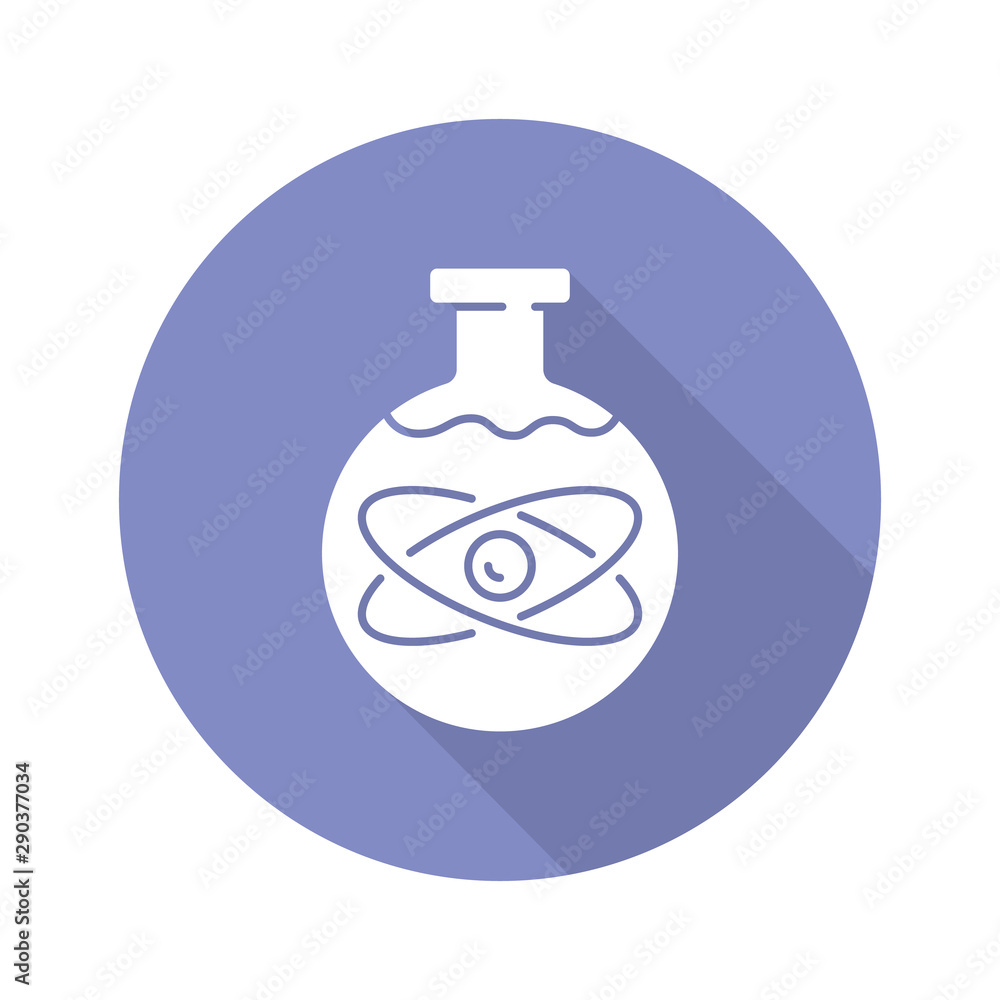 Chemical physics blue violet flat design long shadow glyph icon. Subdiscipline of chemistry and physics. Laboratory scientific research. Chemical substance in flask. Vector silhouette illustration Chemical physics blue violet flat design long shadow glyph icon. Subdiscipline of chemistry and physics. Laboratory scientific research. Chemical substance in flask. Vector silhouette illustration