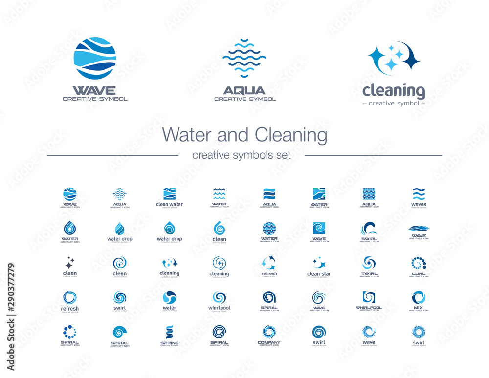Water drops, waves and Cleaning creative symbols set. Pure aqua, bio drink  abstract business logo concept. Easy wash, refresh, sea, ocean icons.  Corporate identity logotypes, company graphic design Stock Vector | Adobe