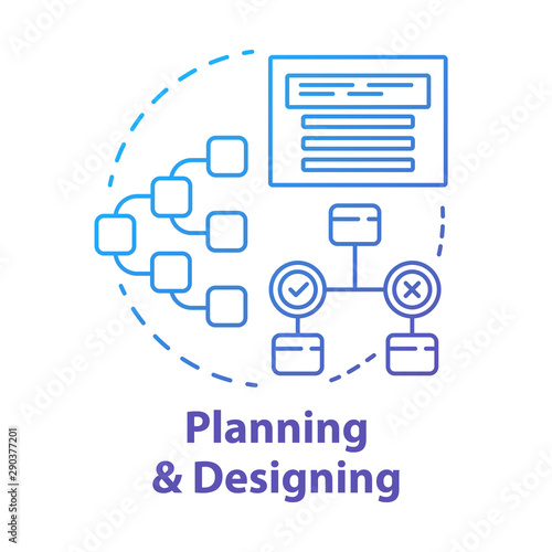 Planning and designing concept icon. System operation algorithm idea thin line illustration. Work structure, report. Systematization of requirements. Vector isolated outline drawing