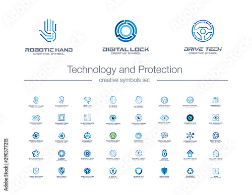 Digital technology and protection creative symbols set. Security lock abstract business logo concept. Camera eye, shield, smart robot hand icons. Corporate identity logotypes, company graphic design