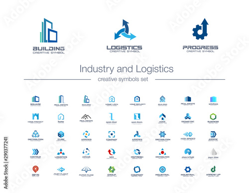 Industry and Logistics creative symbols set. Construction, transportation, engineering abstract business logo concept. Building, house icons. Corporate identity logotypes, company graphic design