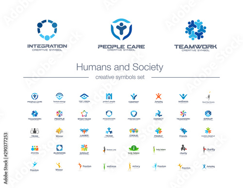 Humans group, Society creative symbols set. People protect, teamwork, collaboration abstract business logo concept. Family, friend, leader icons. Corporate identity logotypes, company graphic design