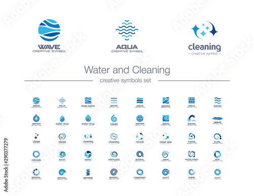 Water drops, waves and Cleaning creative symbols set. Pure aqua, bio drink abstract business logo concept. Easy wash, refresh, sea, ocean icons. Corporate identity logotypes, company graphic design