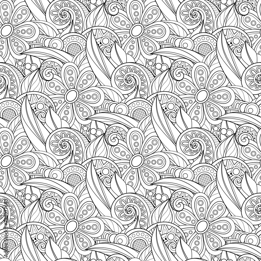 Monochrome Seamless Pattern with Floral Motifs