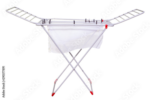 dryer on a white background, dries white clothes. Foldable clothes dryer.