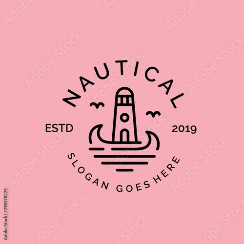 Simple modern beach line art illustration logo design. Ocean and wave vector graphics