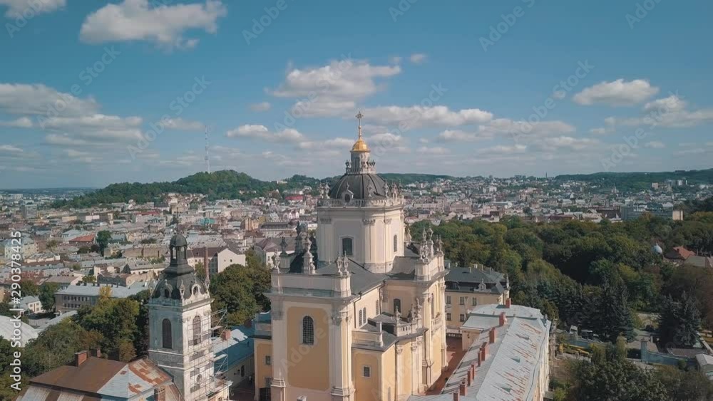 Aerial view of St. Jura St. George's Cathedral church in town Lviv, Ukraine