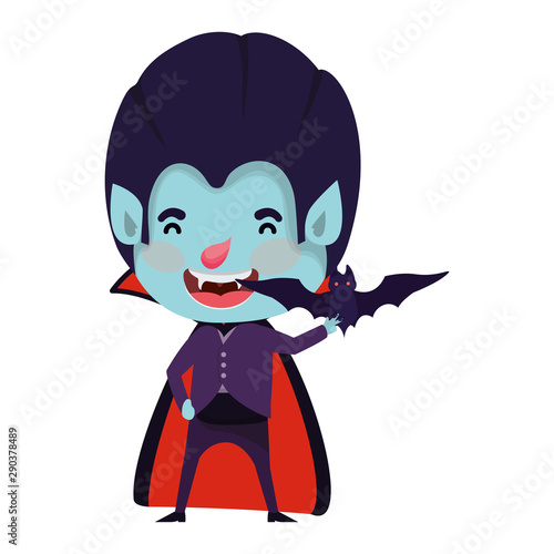 cute little boy with dracula costume and bats flying