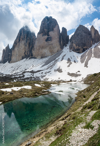 Beautiful alpine lakes at the foot of mountain Tre Cime (Drei Zinnen). Dolomites, Italy photo