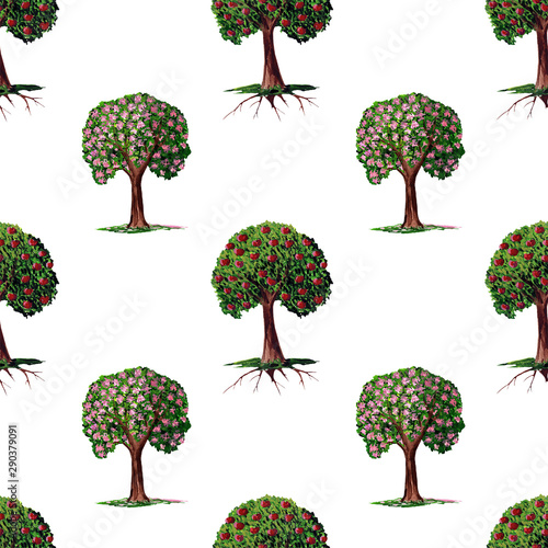 Hand drawn watercolor apple tree illustration. Summer, autumn, harvest. Sweet garden fruit on a tree. Seamless pattern