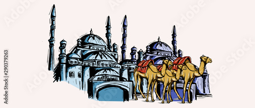 Mosque and camel sketch drawing with watercolor vintage hand drawn.