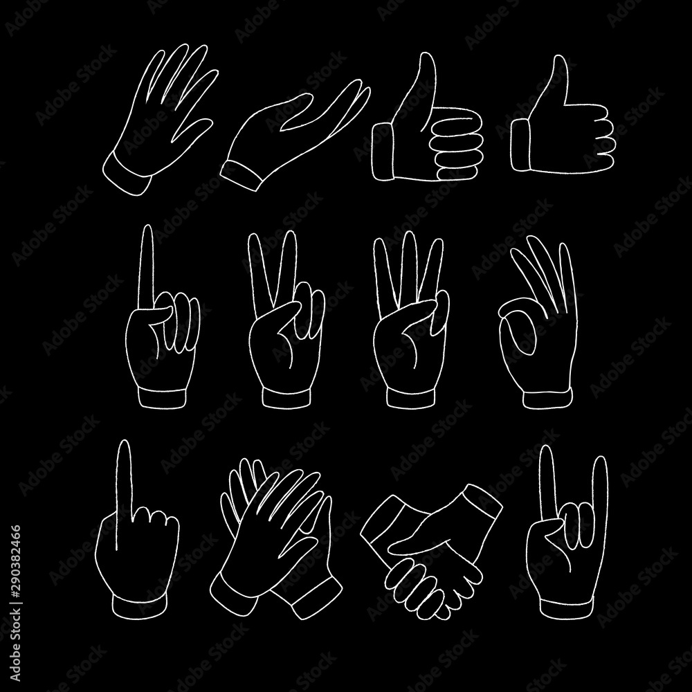 Fototapeta premium Set of doodle textured hands showing different signs