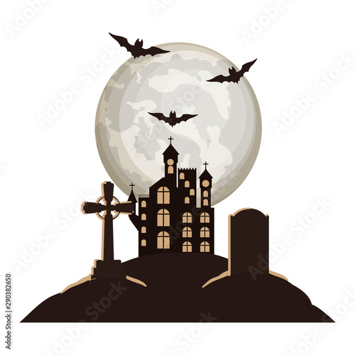 halloween bats flying with castle in cemetery night scene