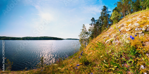 Picturesque stone shore of the island on lake Ladoga . Ladoga Skerries, Karelia.