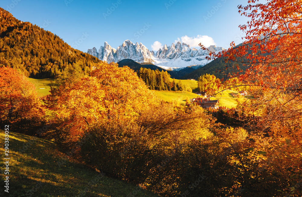 Magic image of sunny hills in St. Magdalena village. Location Funes valley, Dolomiti Alps. Province of Bolzano, South Tyrol, Italy. Europe.
