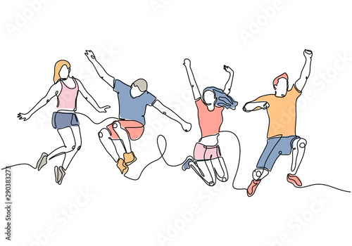 Continuous line drawing of a group of friends jumping with joy and freedom. Vector illustration community hand drawn. Happiness concept.