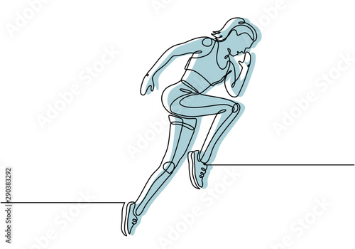One line sport of running girl vector illustration. Woman run during fitness minimalism hand drawn single continuous style.
