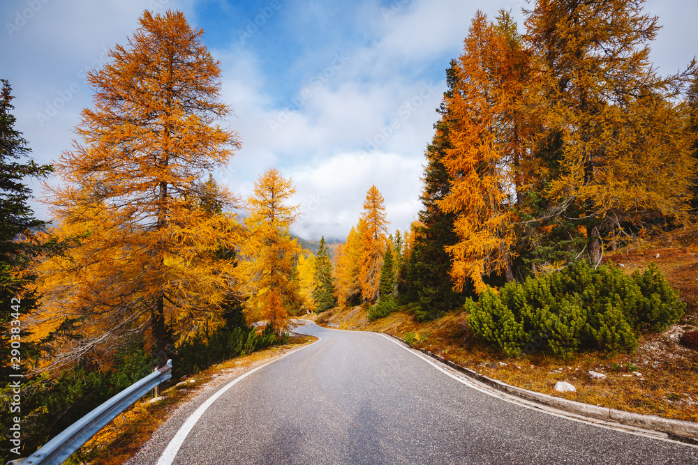 Stunning image of the alpine road. Location place National Park Tre Cime di Lavaredo. Stunning image of the alpine road. Location place National Park Tre Cime di Lavaredo.