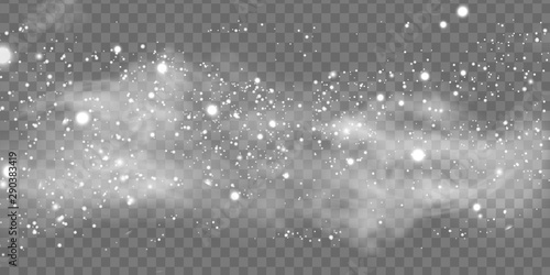 Falling Christmas Shining snow, fog and wind isolated on transparent background. heavy snowfall, snowflakes in different shapes and forms. Winter Holidays Storm with snowflakes flying in the air