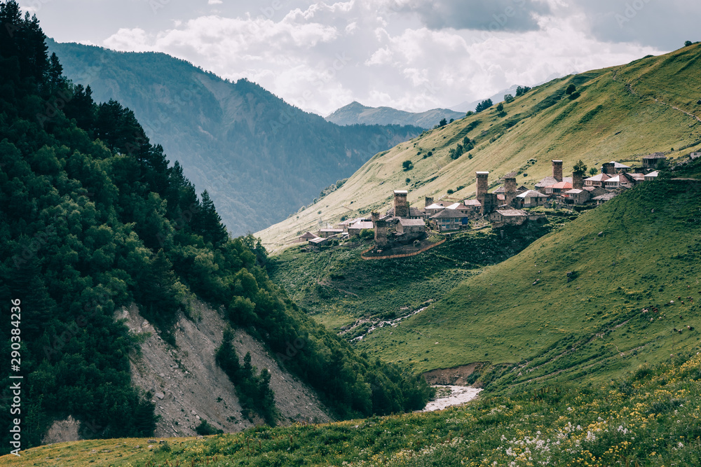 The mountain village of Adishi. Location Upper Svaneti, Georgia country, Europe. Main Caucasian ridge.