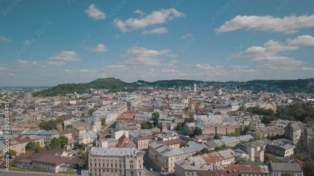 Aerial City Lviv, Ukraine. European City. Central part of old european city Aerial City Lviv, Ukraine. European City. Central part of old european city