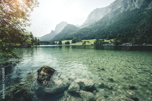 Fototapeta Naklejka Na Ścianę i Meble -  Famous lake Hintersee. Location resort Ramsau, National park Berchtesgadener Land, Upper Bavaria, Germany Alps, Europe.