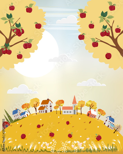Vector landscapes of Countryside in autumn,Panoramic of cute cartoon village in mid autumn with field, mountains, wild flower and apples trees in yellow foliage. fall season background