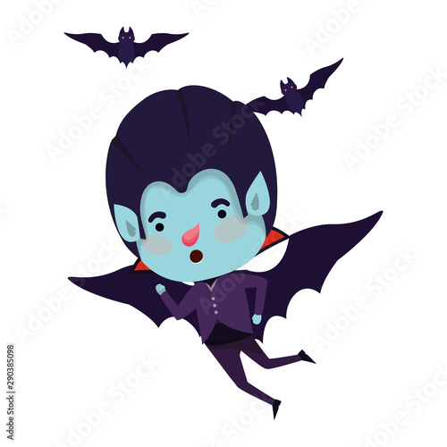 cute little boy with dracula costume and bats flying