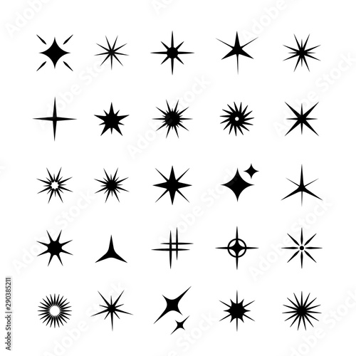 Set of star, sparkle icons. Collection of bright fireworks, twinkles, shiny flash. Glowing light effect stars and bursts .