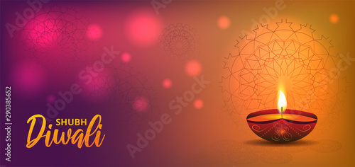 Website header or banner design with realistic oil lamp on purple and yellow background for Diwali Festival celebration.