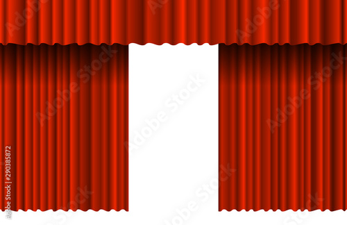 Opened luxury red realistic curtain with many shadow stage backdrop. Grand opening theatrical velvet fabric drapes stage opening ceremony. Vector theater premiere poster announcement illustration