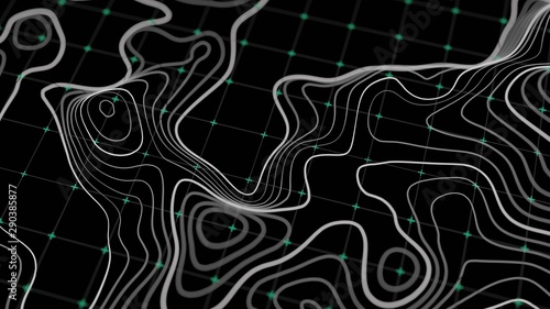 3d Topographic contour map, waving technology line backdrop. space or surface map, 3d render.