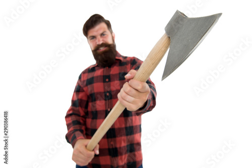 Chop it. Axe selective focus. Bearded man hold large axe handle isolated on white. Brutal lumberjack with iron axe. Cutting axe or wood chopper with sharp blade