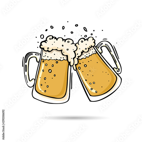 Two beer mugs, knocking on each other, toast, doodles illustration of a holiday, fun, with alcohol, a splash of beer foam.