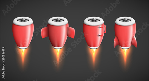 Powerful jet engine turbine as isolated plane part, rocket booster or thruster illustration in cartoon style, product advertisement design element a metaphor of speed and power