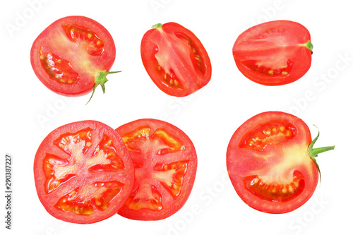 fresh tomato slices isolated on white background. top view