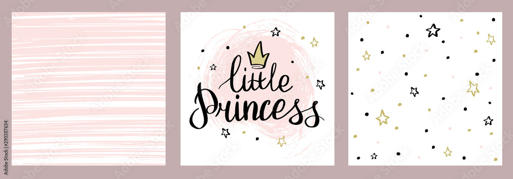 Naklejka premium Set of cute cards with backgrounds and lettering little princess. Baby cards or baby girls invitations for a children's album.