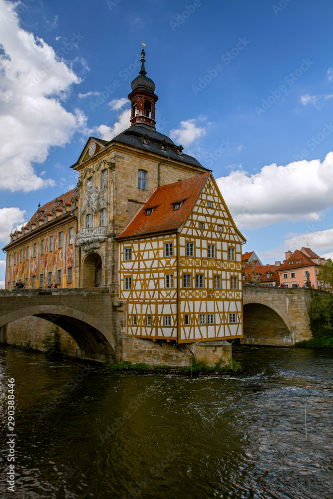 Beautiful town Bamberg in Germany. View of town-hall over the Regnitz river. Bavaria.Germany .