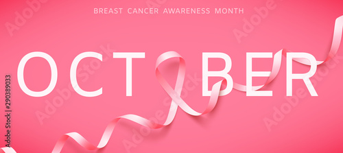 Poster with realistic pink ribbon. Symbol of national breast canser awareness month in october. Vector