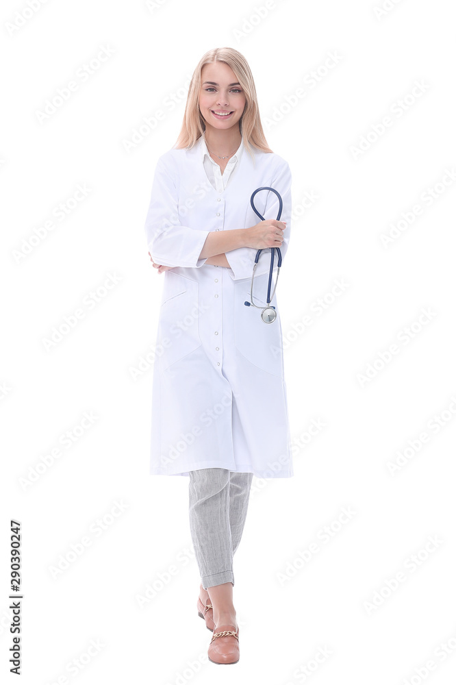 full growth. smiling woman doctor with stethoscope full growth. smiling woman doctor with stethoscope