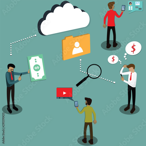 Businessman is searching for people who want to borrow money with his smartphones and data - vector