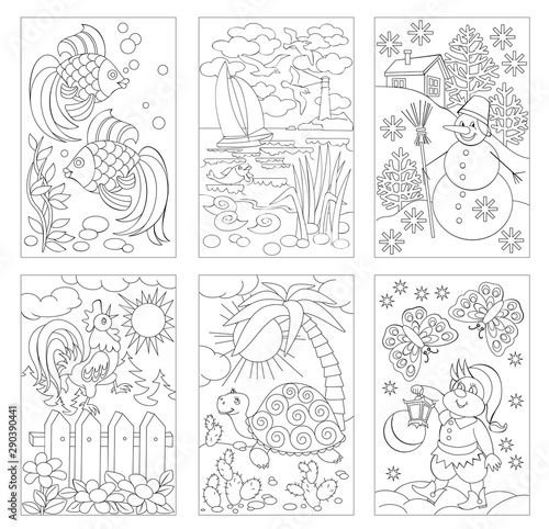 Set of black and white pages for baby coloring book. Drawings of nature, animals and fairy tales views. Printable worksheets for children. Development kids painting skills. Hand-drawn vector image.