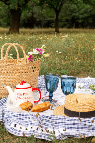 Fototapeta Naklejka Na Ścianę i Meble -  Stylish picnic on the green lawn. Fresh croissants and a teapot with tea on a bedspread near a wicker female hat. Instagram content.