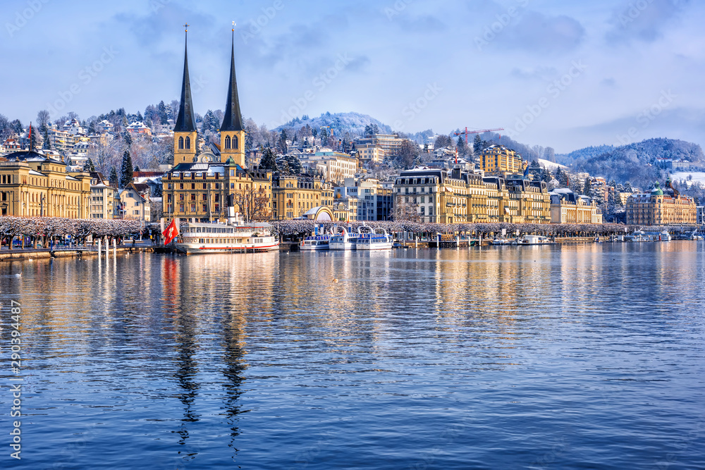 Lucerne city on Lake Lucerne, Switzerland, in winter