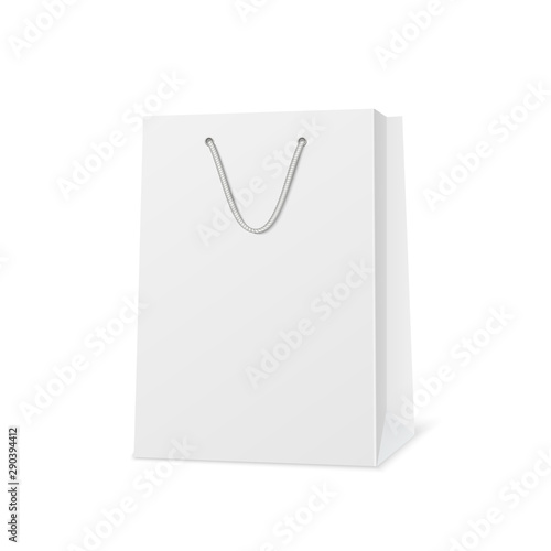 Blank shopping paper bag mockup. Empty cardboard packet on white background.