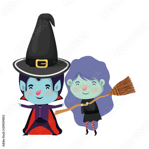 cute little kids with dracula and witch costume