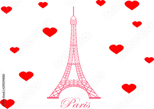 The Eiffel Tower with white background and red hearts. Paris, France. Vector.