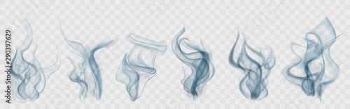 Set of realistic transparent smoke or steam in light blue colors, for use on light background. Transparency only in vector format