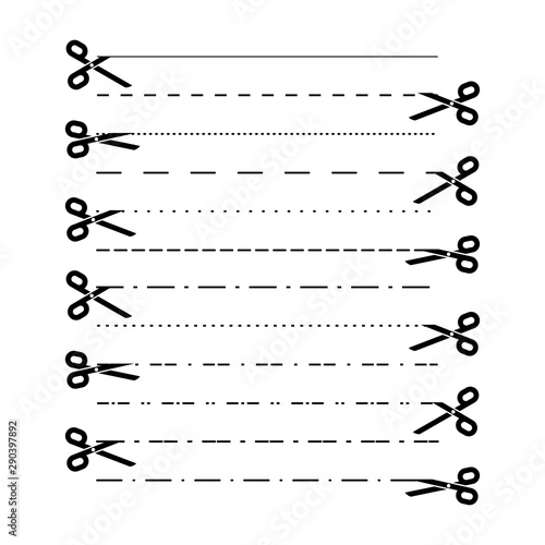 Scissors vectors with cut lines, dot, dashed lines. Dividing lines cutout. Vector